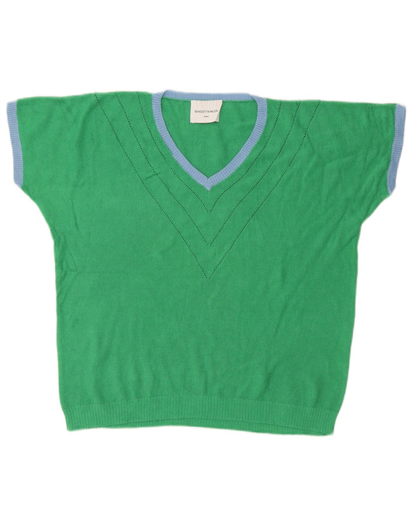 Vintage Womens Roma Short Sleeve V-Neck Jumper Sweater UK 14 Large Green