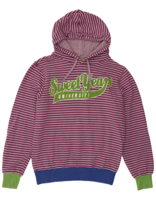 Sweet Years Womens Graphic Hoodie Jumper UK 14 Medium Purple Striped Cotton