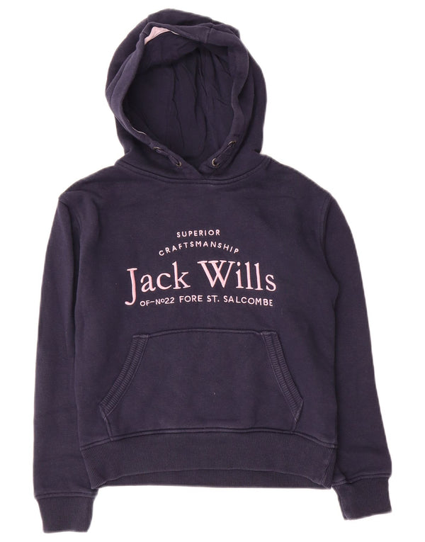 JACK WILLS Girls Graphic Hoodie Jumper 8-9 Years Navy Blue Cotton