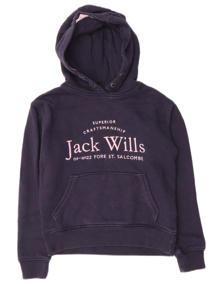 JACK WILLS Girls Graphic Hoodie Jumper 8-9 Years Navy Blue Cotton