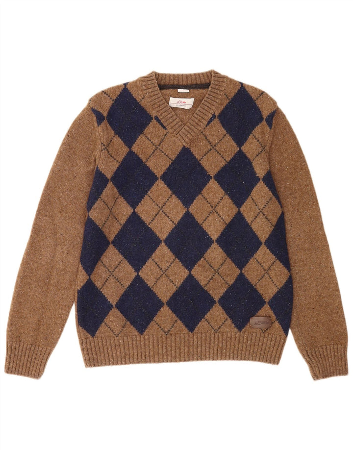 S.Oliver Mens V-Neck Jumper Sweater Large Brown Argyle/Diamond Wool