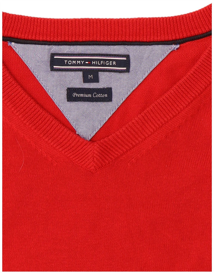 Tommy Hilfiger Mens V-Neck Jumper Sweater Medium Red Cotton