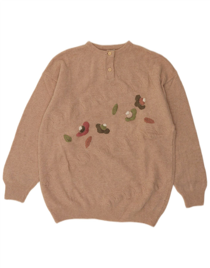 VINTAGE Womens Button Neck Jumper Sweater UK 14 Medium Beige Floral