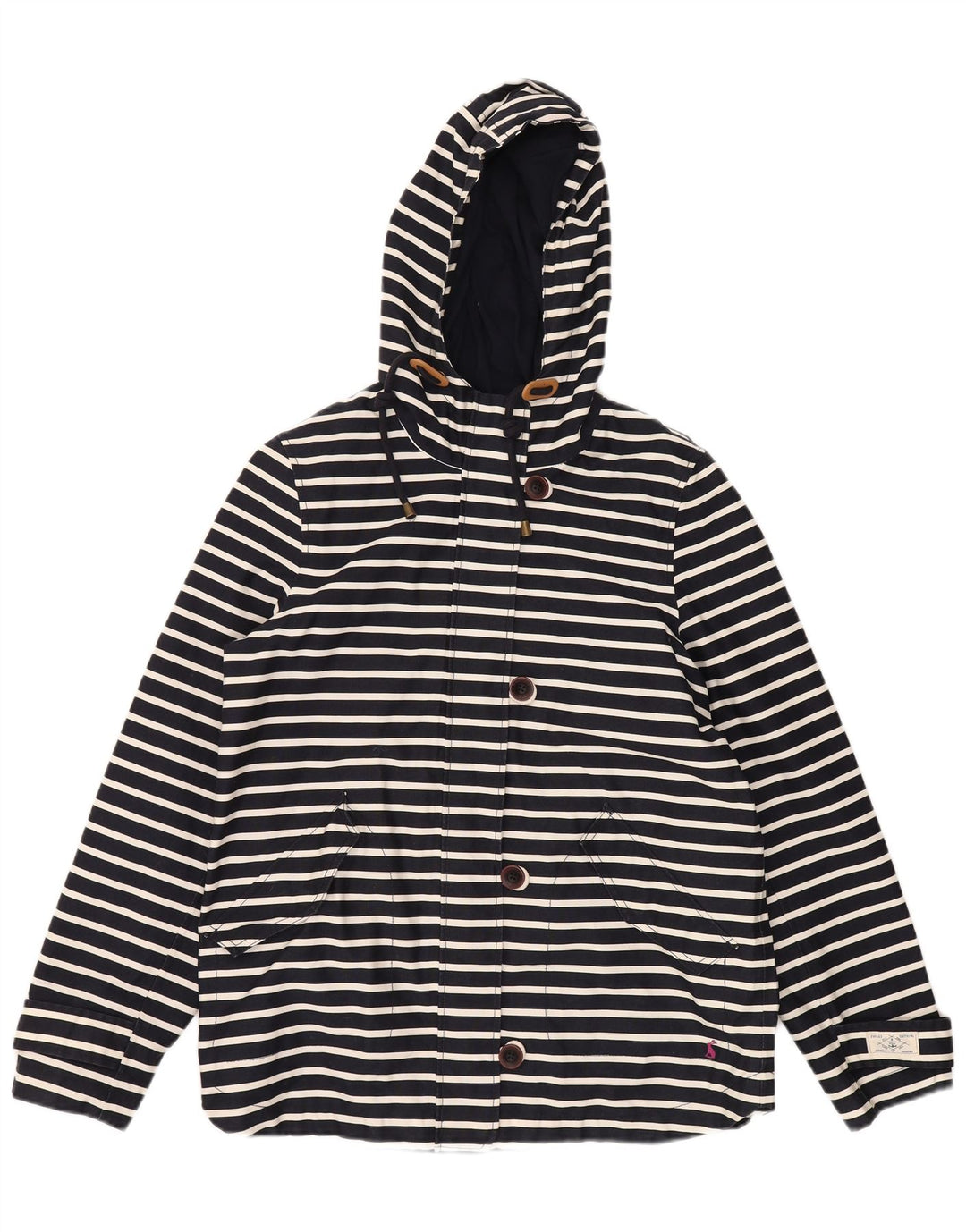 JOULES Womens Hooded Rain Jacket UK 14 Medium Navy Blue Striped Cotton