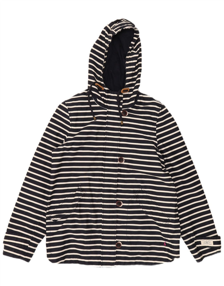 JOULES Womens Hooded Rain Jacket UK 14 Medium Navy Blue Striped Cotton