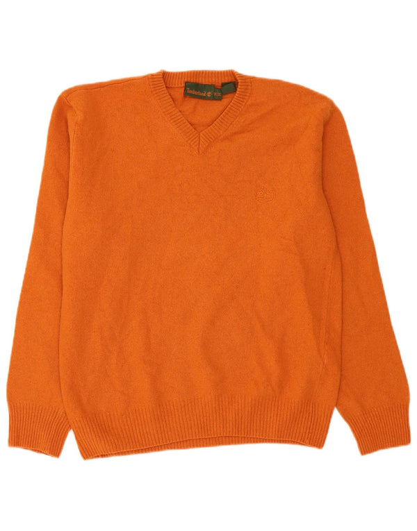 Timberland Mens V-Neck Jumper Sweater Medium Orange Wool