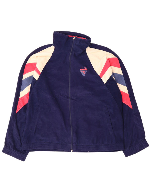 Diadora Mens Velour Tracksuit Top Jacket UK 44 XL Navy Blue Colourblock