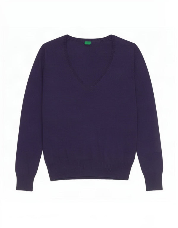 Benetton Womens V-Neck Jumper Sweater UK 8 Small Navy Blue