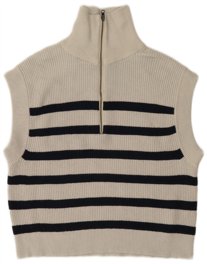 Zara Womens Zip Neck Oversized Vest Tank Top UK 10 Small White Striped