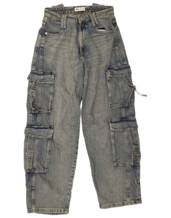 Zara Womens High Waist Cargo Loose Jeans EU 36 XS W26 L30 Blue Cotton