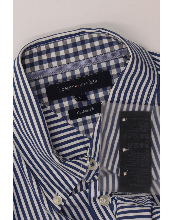 Tommy Hilfiger Mens Custom Fit Shirt Large Blue Pinstripe Cotton