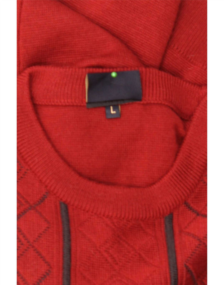 Gabicci Mens Crew Neck Jumper Sweater Large Red Argyle/Diamond Wool