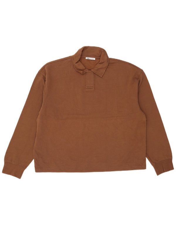 Zara Mens Long Sleeve Polo Shirt XL Brown Cotton