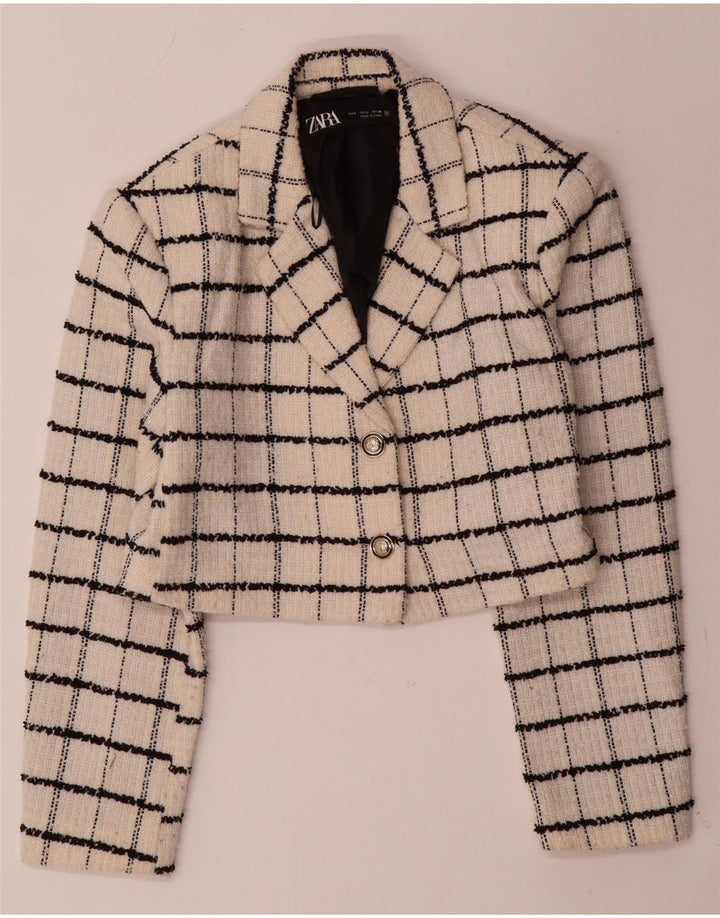 ZARA Womens Crop 2 Button Blazer Jacket UK 14 Large Beige Check Wool