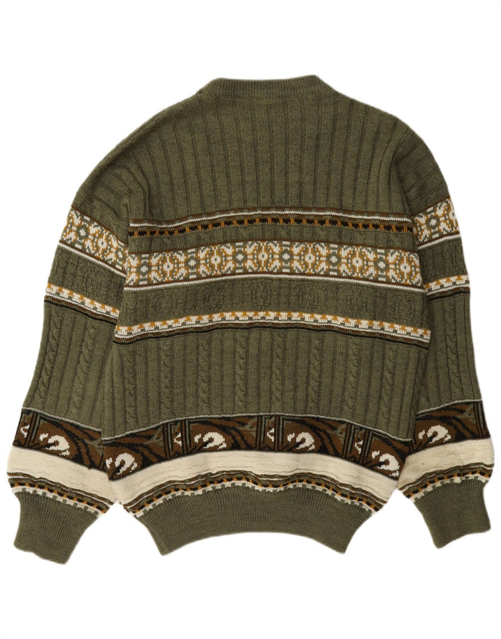 Vintage Mens Crew Neck Jumper Sweater Medium Green Fair Isle