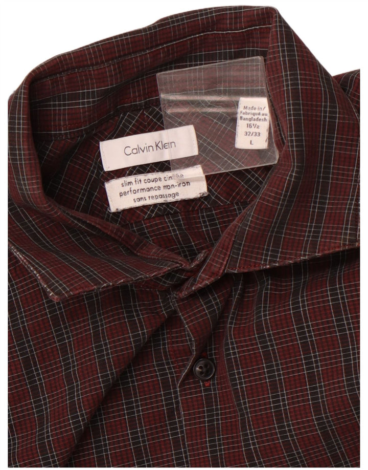 CALVIN KLEIN Mens Slim Fit Flannel Shirt Size 16 1/2 Large Burgundy Check