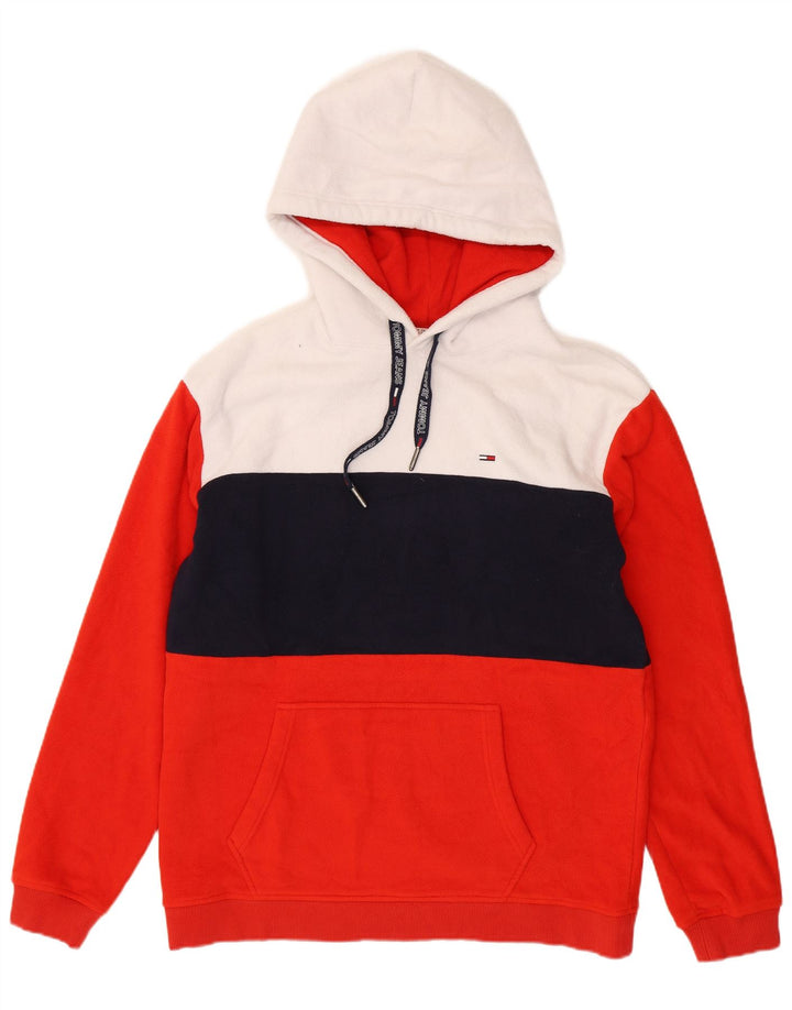 TOMMY HILFIGER Mens Hooded Fleece Jumper XL Red Colourblock Polyester