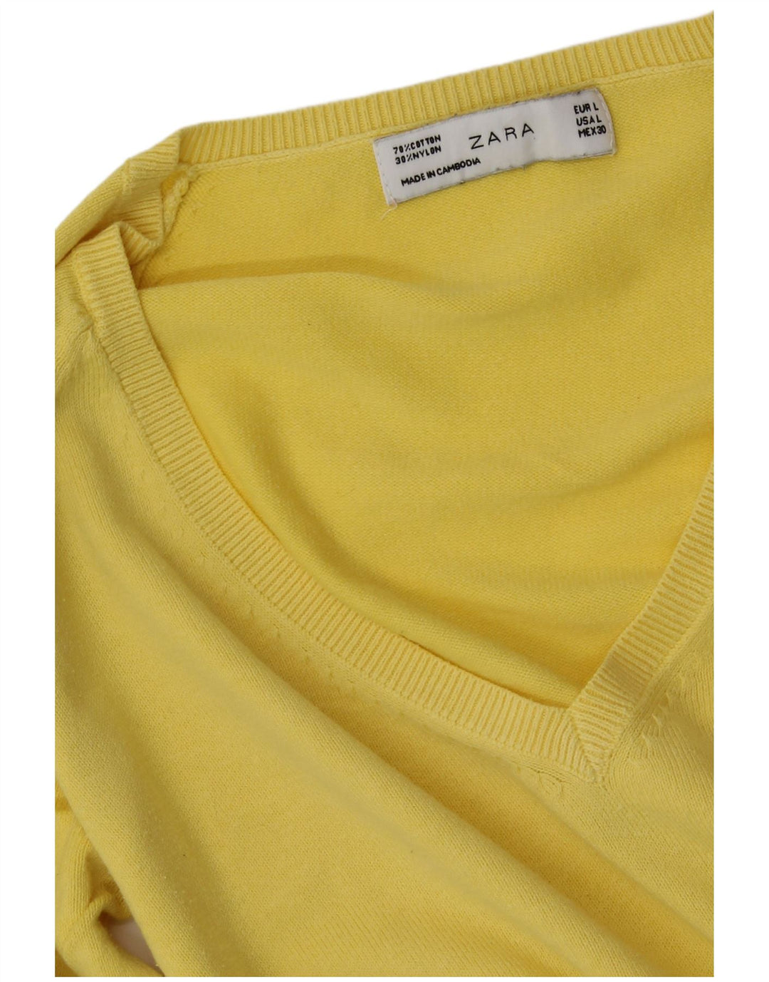 ZARA Womens V-Neck Jumper Sweater UK 14 Large Yellow Cotton