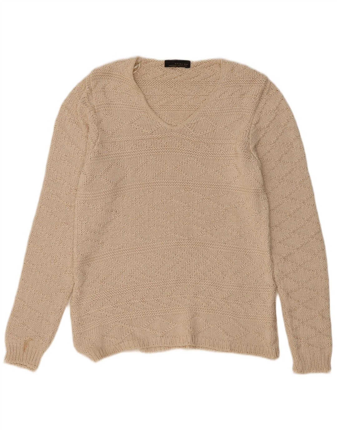 Zara Mens V-Neck Jumper Sweater XL Beige Acrylic