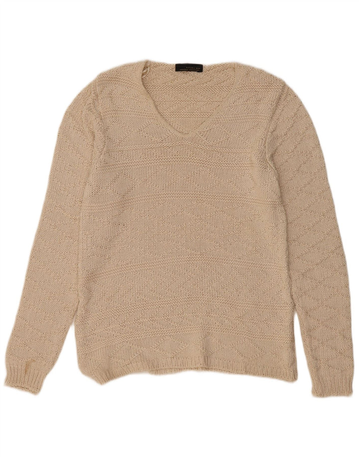 Zara Mens V-Neck Jumper Sweater XL Beige Acrylic