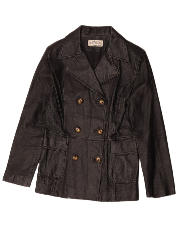 Vintage Womens Double Breasted Leather Jacket UK 8 Small Black Classic