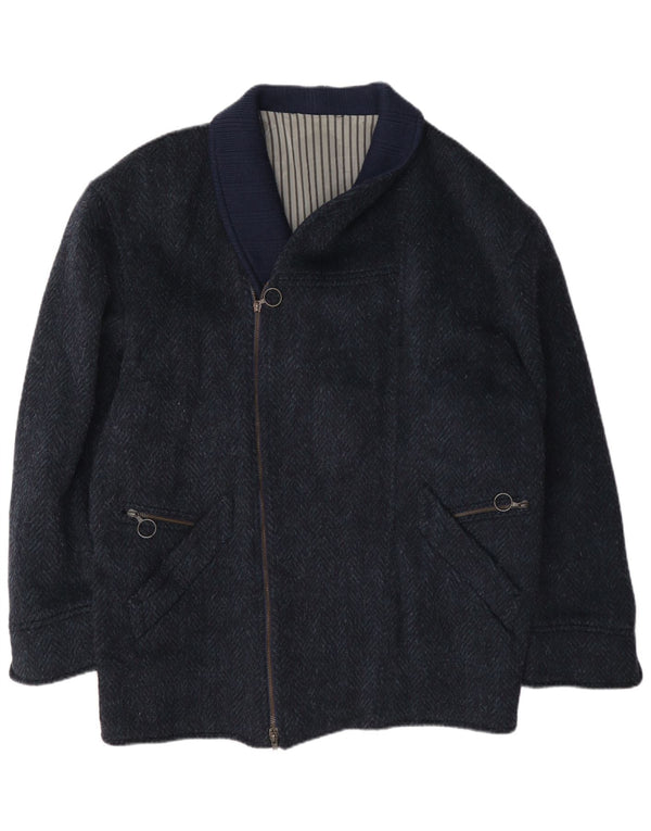 Nazareno Gabrielli Mens Zip Overcoat UK 40 Large Navy Blue Herringbone