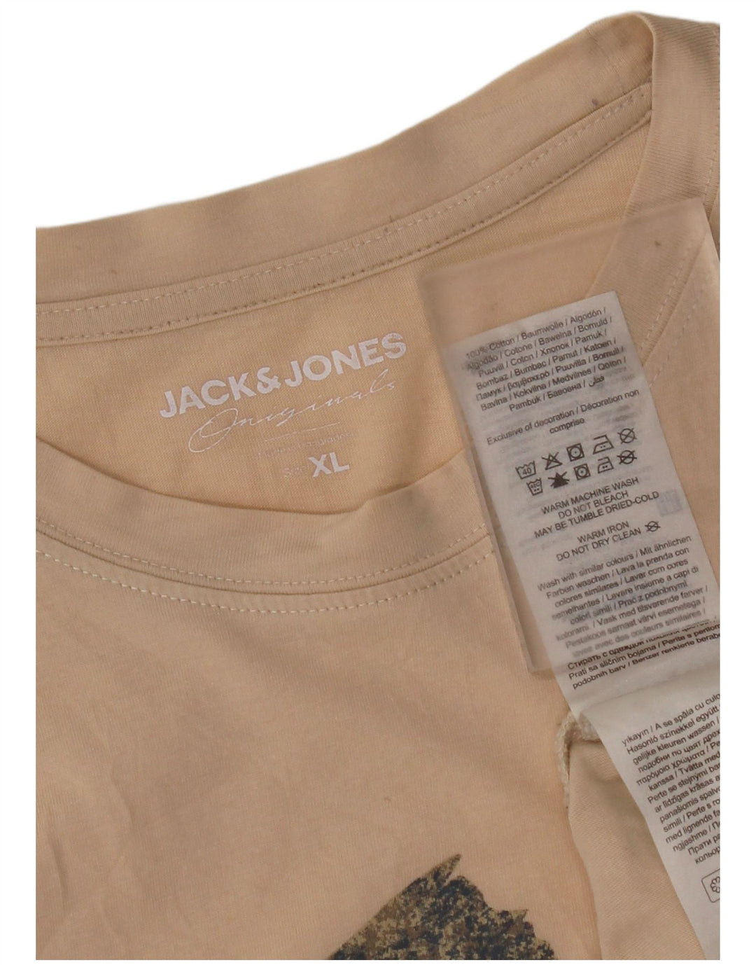 JACK & JONES Mens Graphic T-Shirt Top XL Beige Cotton