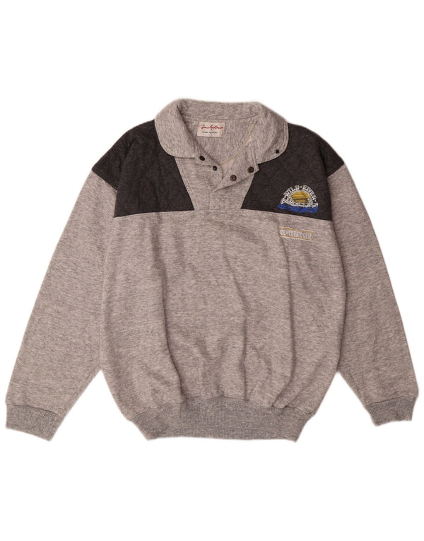 VINTAGE Mens Polo Neck Sweatshirt Jumper Large Grey Colourblock Cotton