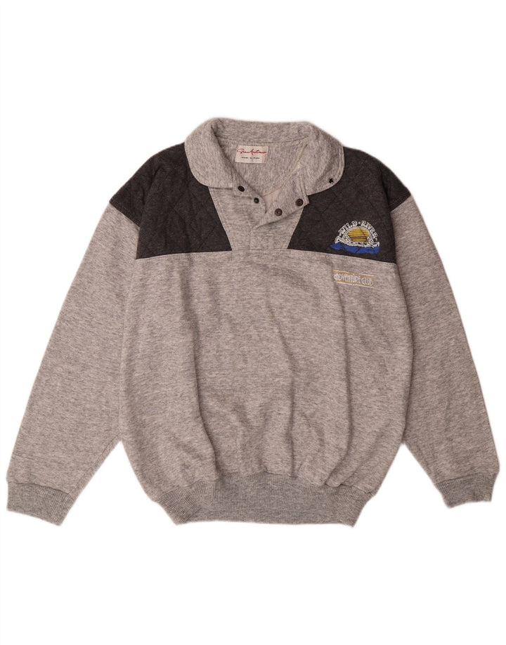 VINTAGE Mens Polo Neck Sweatshirt Jumper Large Grey Colourblock Cotton