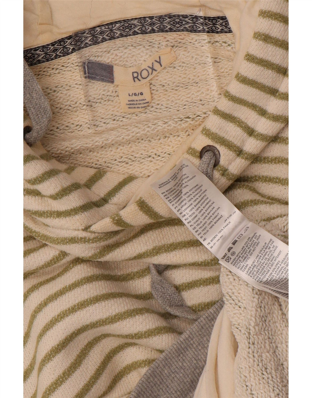 ROXY Womens Oversized Hoodie Jumper UK 16 Large Off White Striped Cotton