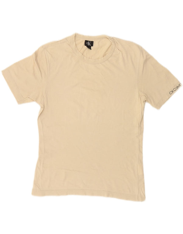 CALVIN KLEIN Womens T-Shirt Top UK 14 Large Beige Cotton