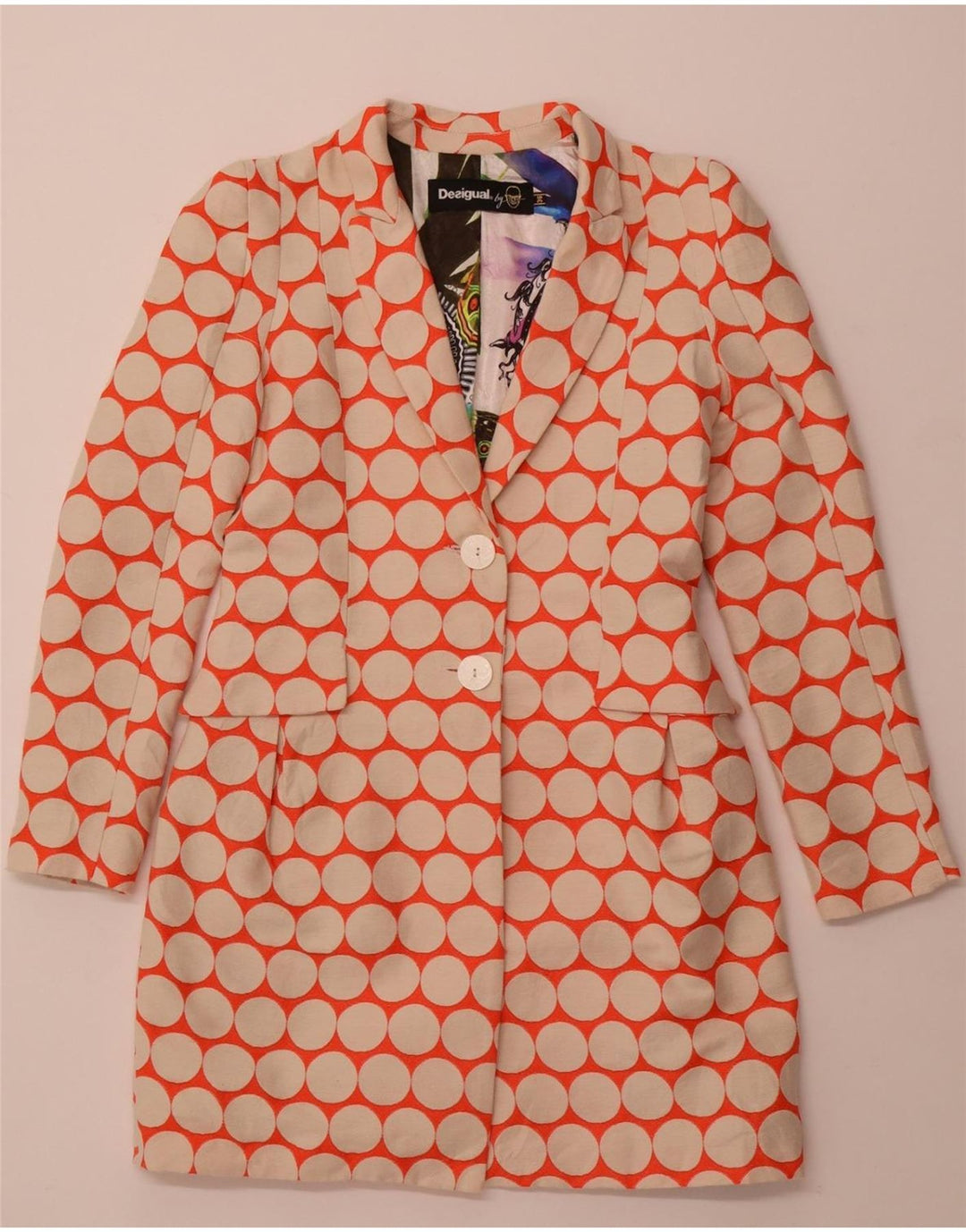 DESIGUAL Womens Longline Blazer Jacket EU 36 Small Orange Polka Dot