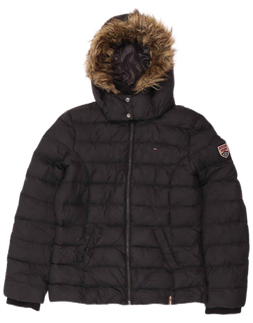 TOMMY HILFIGER Womens Hooded Padded Jacket UK 16 Large Black Polyester