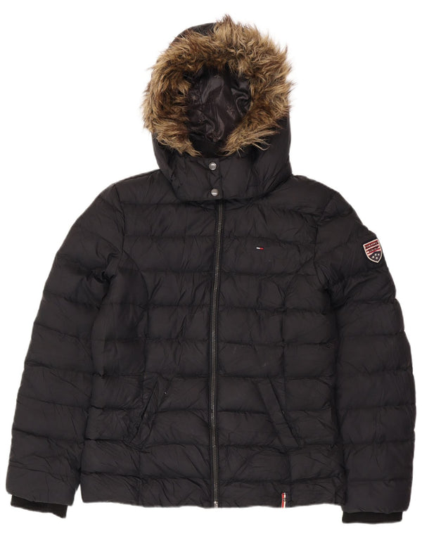 TOMMY HILFIGER Womens Hooded Padded Jacket UK 16 Large Black Polyester