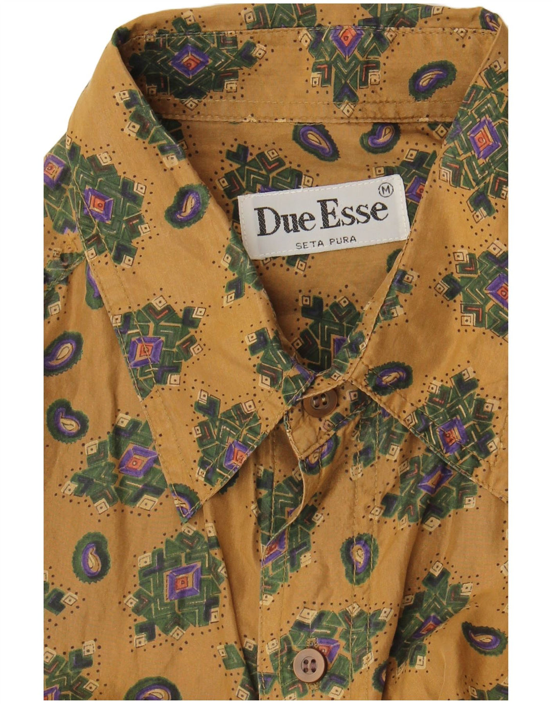 Vintage Mens Short Sleeve Shirt Medium Beige Geometric Silk