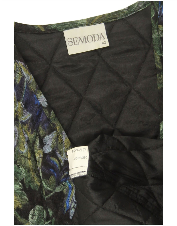 VINTAGE Womens Open Quilted Gilet EU 42 Large Black Floral Viscose