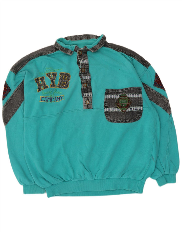 Vintage Mens Graphic Sweatshirt Jumper Large Turquoise Colourblock