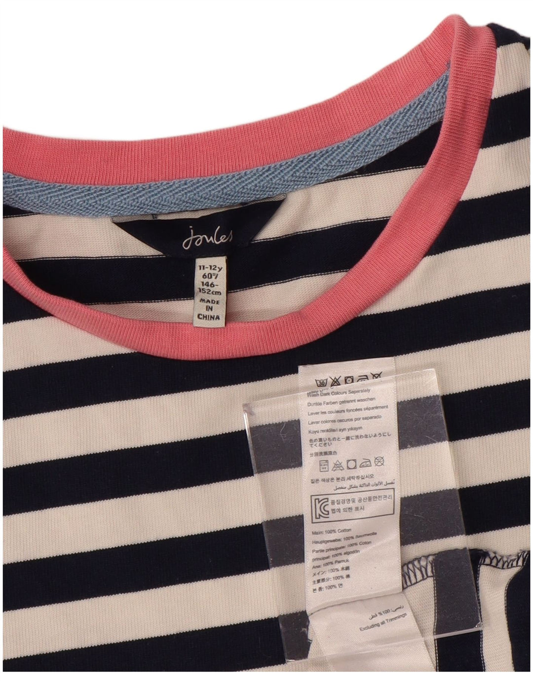 JOULES Girls T-Shirt Dress 11-12 Years Navy Blue Striped Cotton