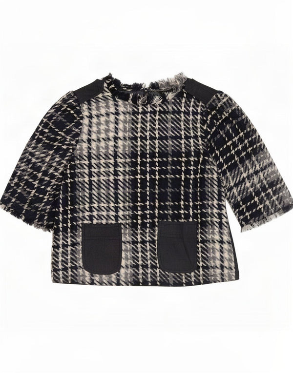 Zara Womens Crop 3/4 Sleeve Blouse Top UK 10 Small Black Check Cotton