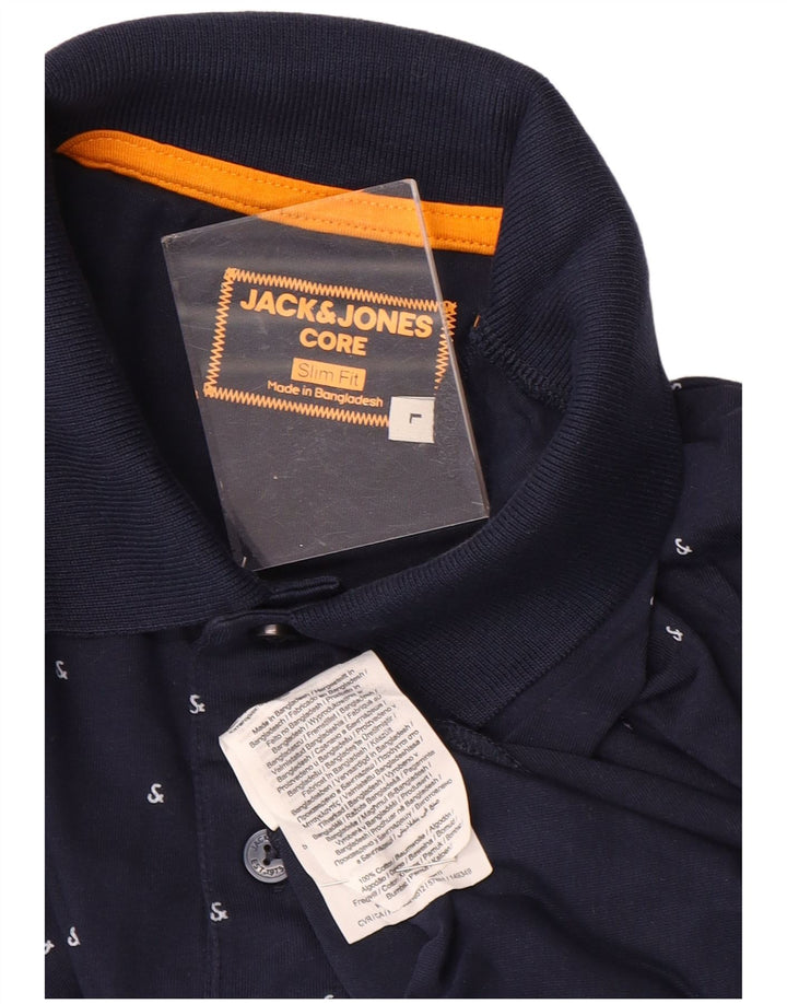 JACK & JONES Mens Slim Fit Polo Shirt Large Navy Blue Spotted Cotton