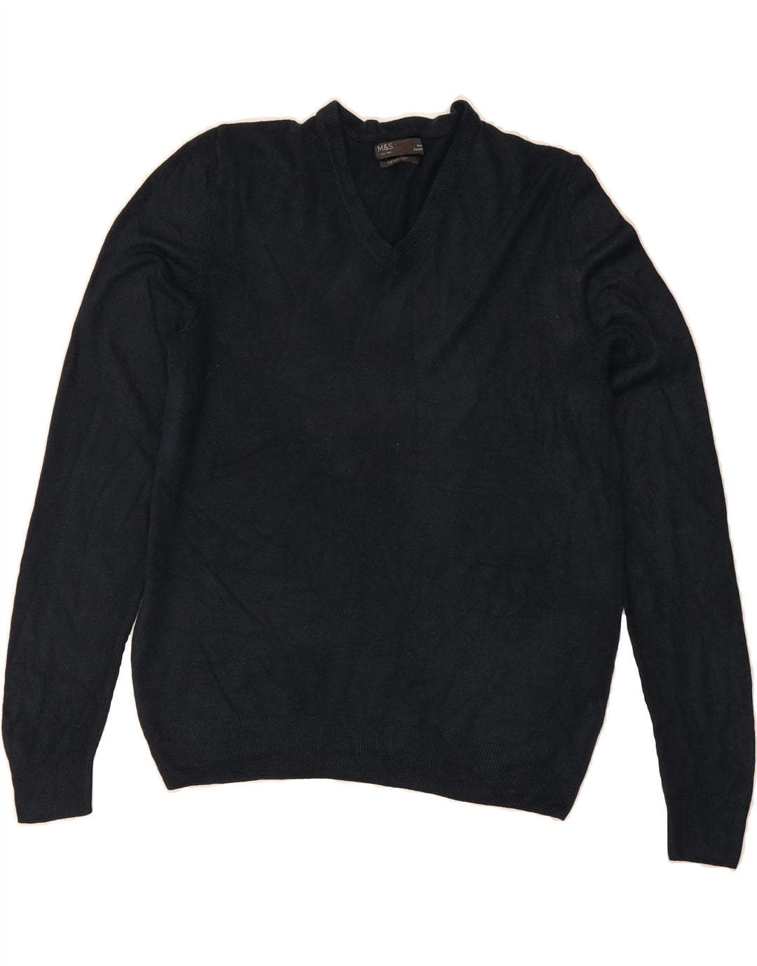 MARKS & SPENCER Mens V-Neck Jumper Sweater Medium Navy Blue Acrylic Vintage Marks & Spencer and Second-Hand Marks & Spencer from Messina Hembry 