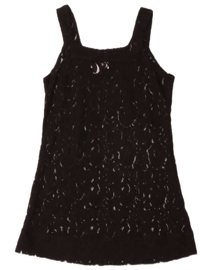 VINTAGE Womens Sleeveless See Through Tunic Top UK 12 Medium Black Floral