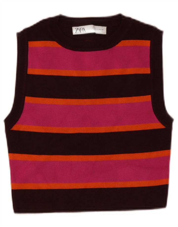Zara Womens Crop Vest Top UK 12 Medium Pink Striped