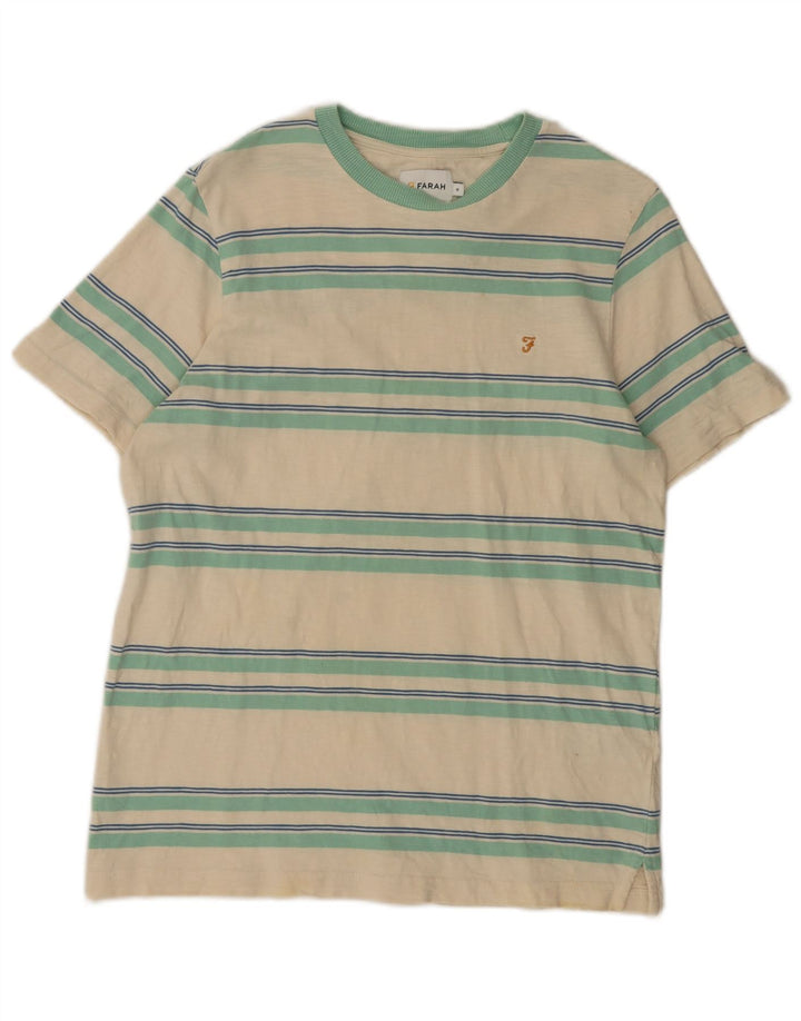 FARAH Mens T-Shirt Top Medium Off White Striped Cotton