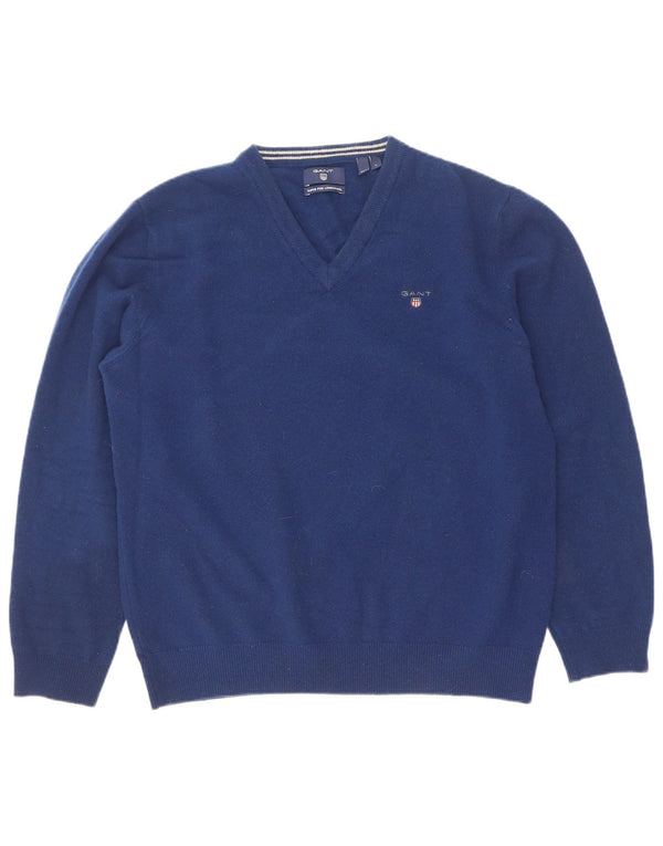 Gant Womens V-Neck Jumper Sweater UK 14 Large Blue Lambswool