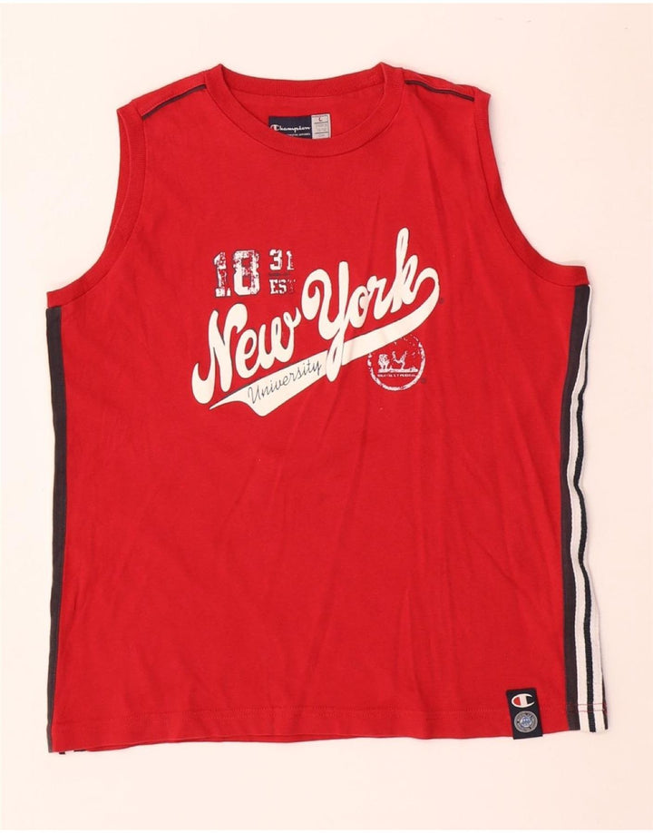 CHAMPION Boys Graphic Vest Top 11-12 Years Large Red Colourblock Cotton