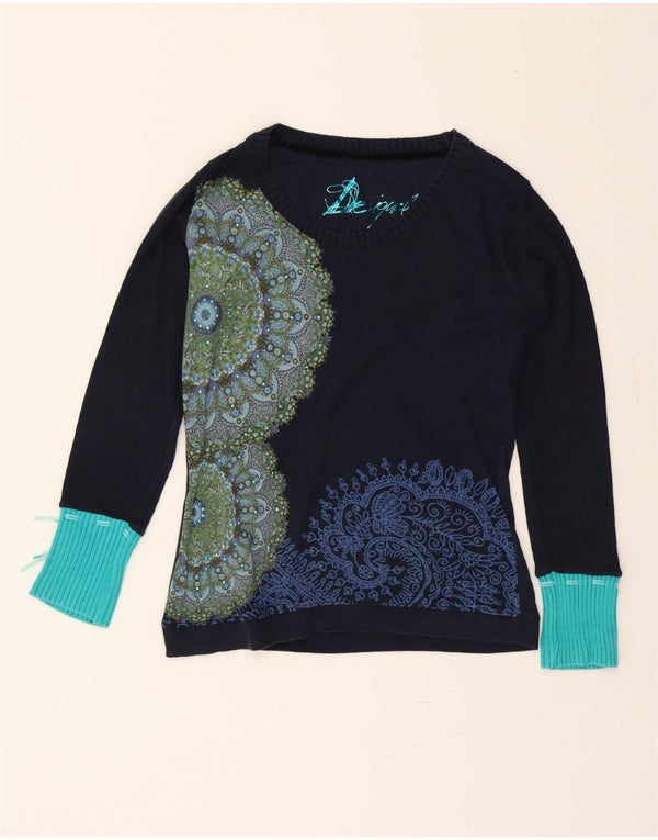 DESIGUAL Womens Graphic Top Long Sleeve UK 14 Large Navy Blue Paisley