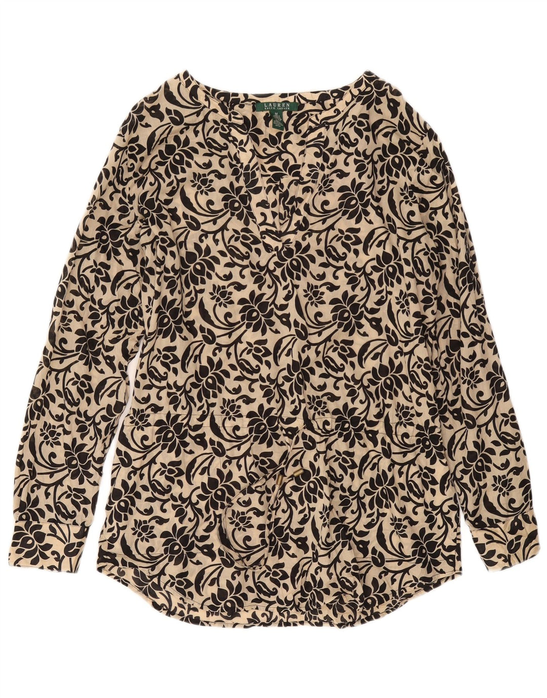 RALPH LAUREN Womens Longline Blouse Top UK 14 Medium Beige Floral Cotton