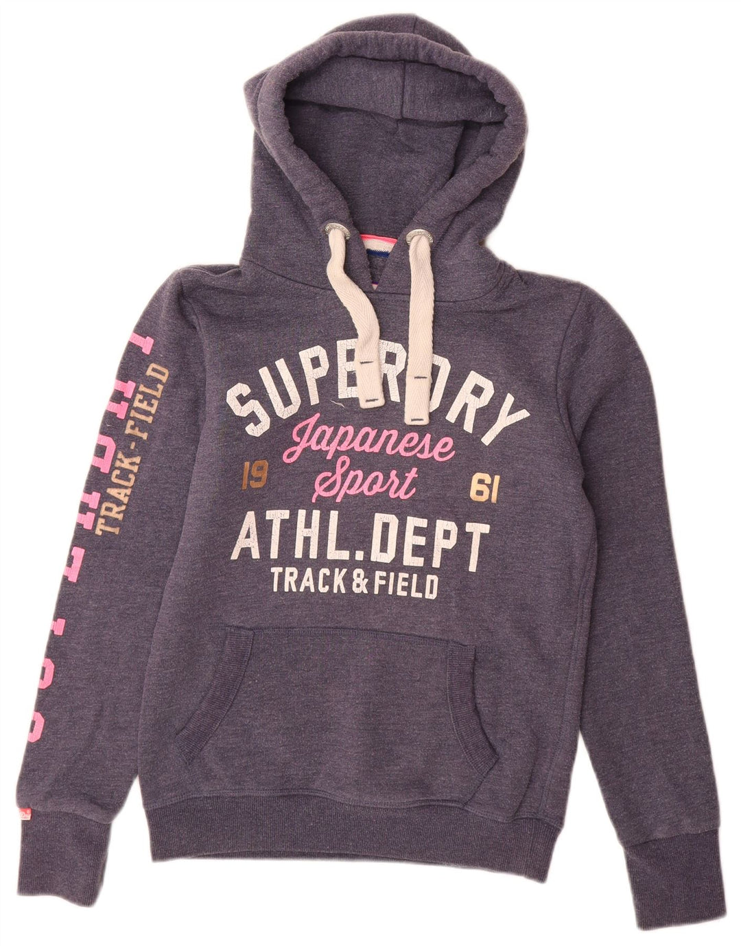 SUPERDRY Womens Graphic Hoodie Jumper UK 6 XS Navy Blue Cotton