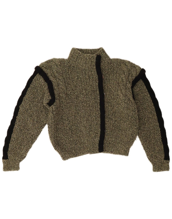 Vintage Womens Crop Cardigan Sweater UK 12 Medium Khaki Colourblock Cotton